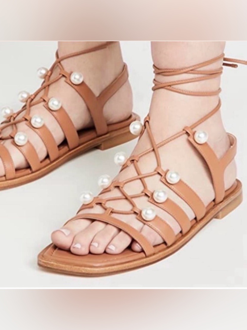Stuart Weitzman Goldie Gladiator Tan Pearl Lace-Up Gladiator Sandals 7.5 [CH]